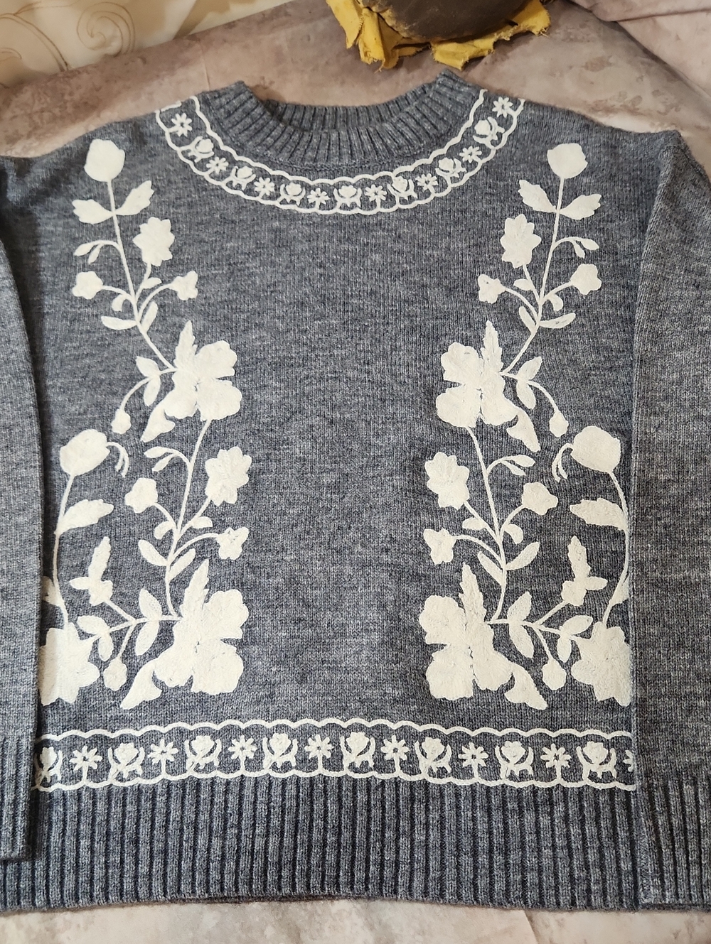 Christina Gray Crewneck Sweater with Cream Floral Accents
